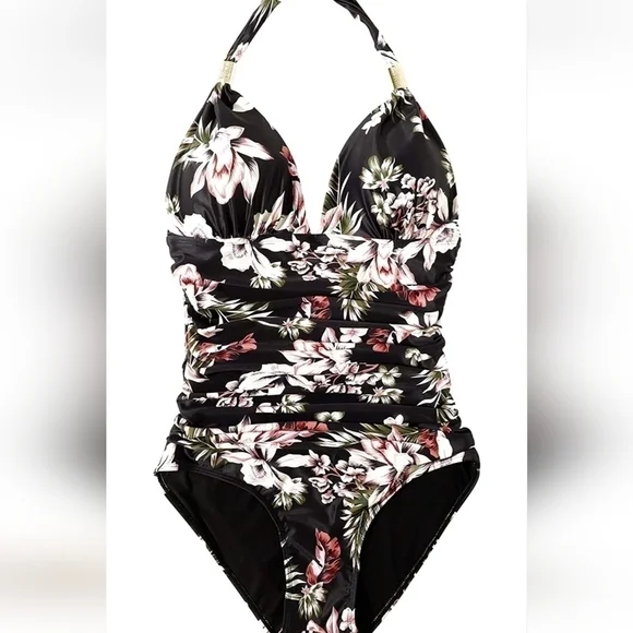 Black floral one piece swimsuit! Size medium vacation travel swim beach - Picture 2 of 8